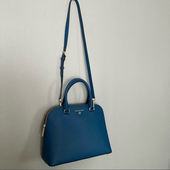 MICHAEL KORS Cindy Large Dome Crossgrain Blue Chambray Leather Satchel Purse Bag - Picture 3 of 14